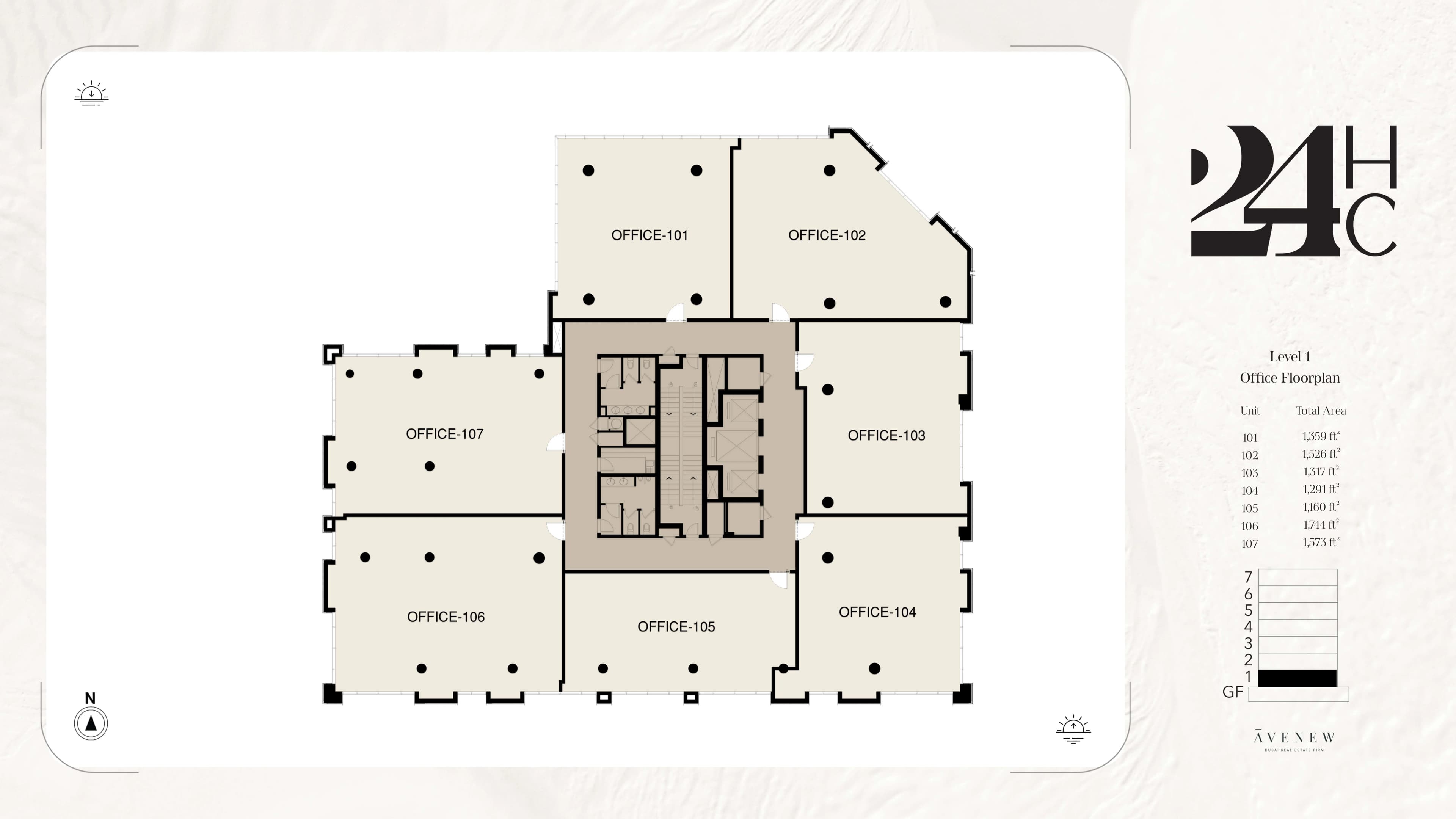 24 HC floor plan — Typical office floor — units from 1,160 sq ft