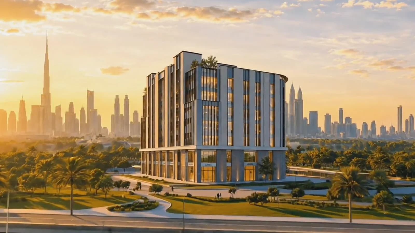 24 HC — the office building at Dubai Healthcare City at sunset